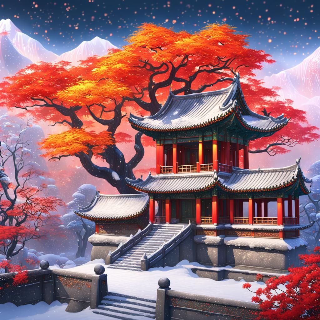 Winter Palace with Colorful Trees, Detailed Matte Painting