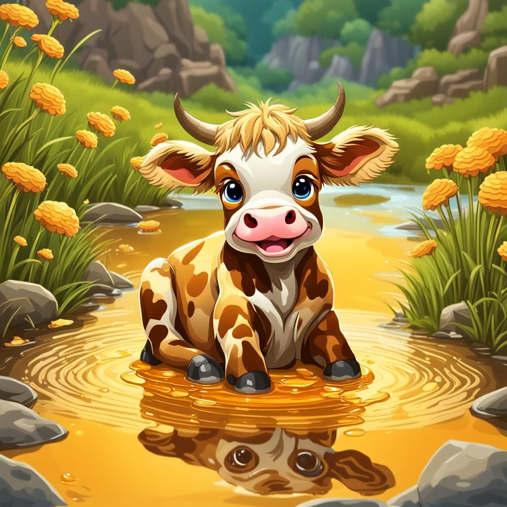 Cute Honey-Covered Cow in Honey River