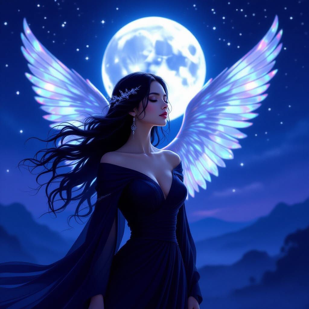 Woman With Luminous Moonlight Wings Under Starry Night Sky