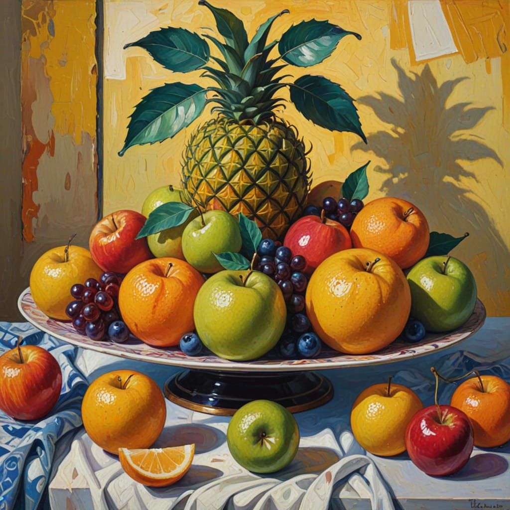 Surreal Whimsy: Fruit Faces in Vibrant Oil Painting