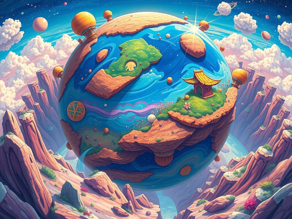 Vibrant Planetary Sphere in Studio Ghibli Anime Style