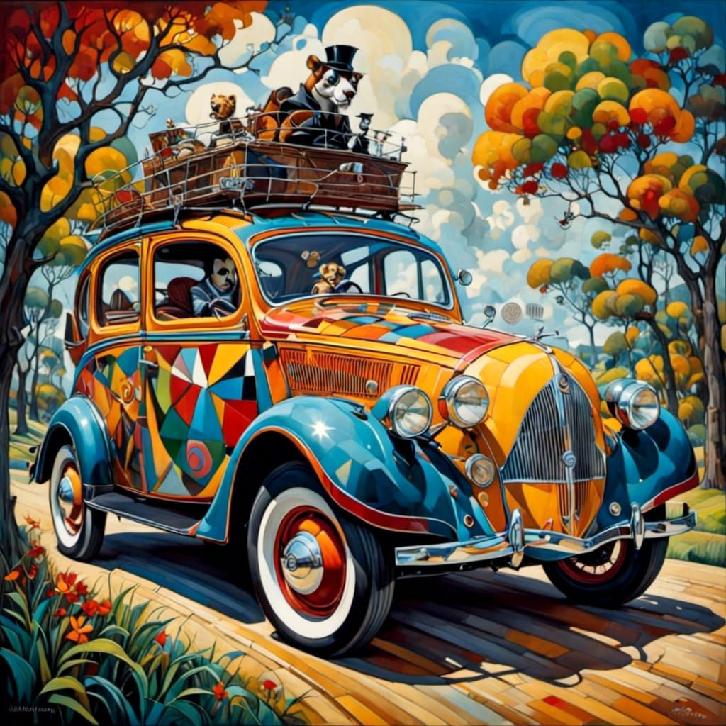 Cubist Car on the Road, Airbrush Art