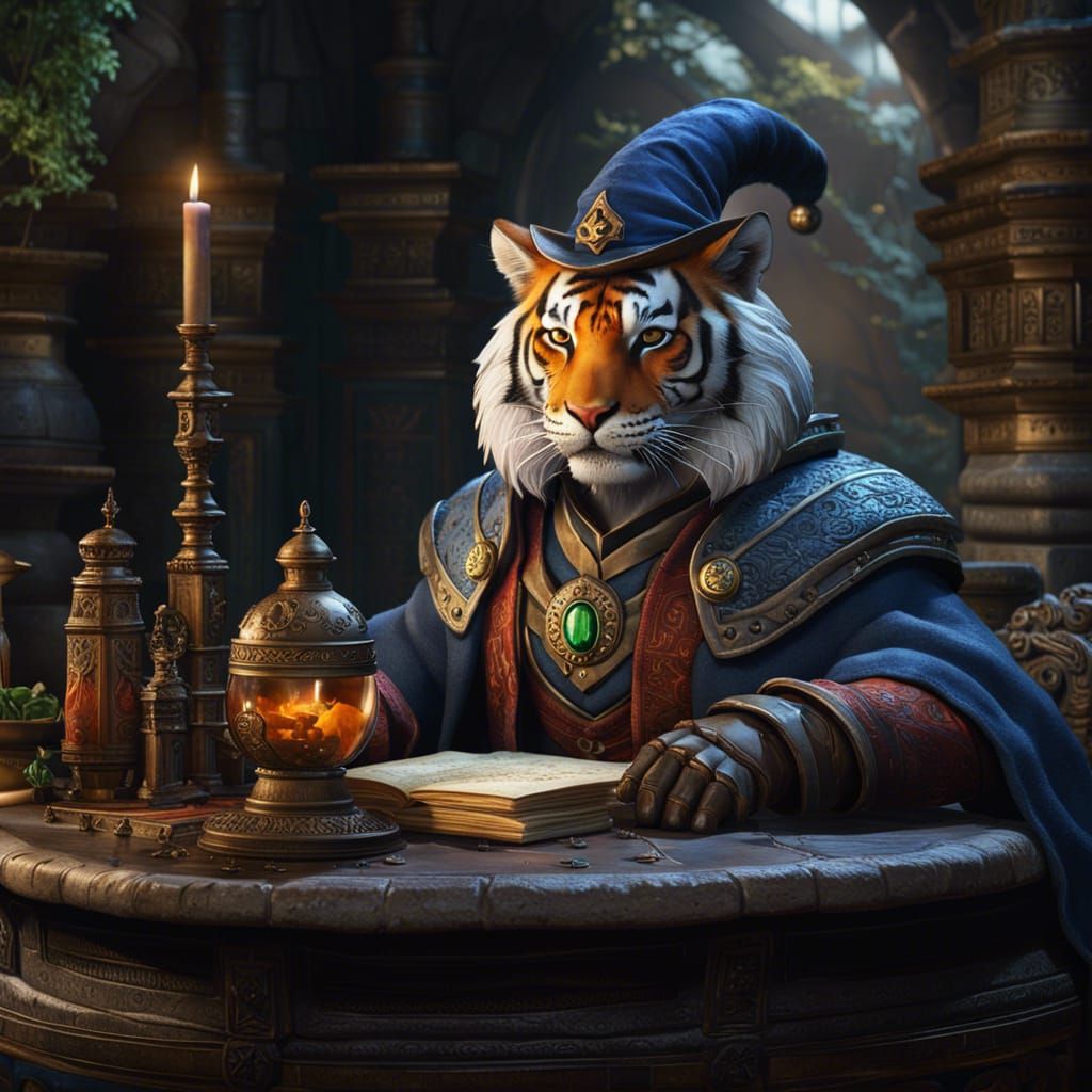 Wizard Tiger with Potions, Fantasy Concept Art