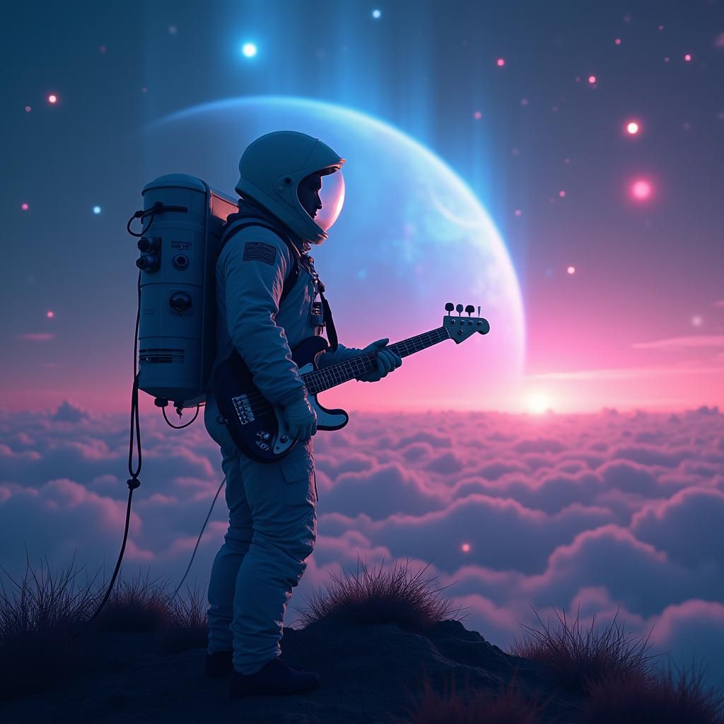 Astronaut with Guitar Gazing at Luminous Planet