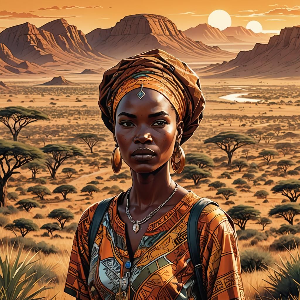 Nama Woman in Namibian Landscape, Comic Book Art