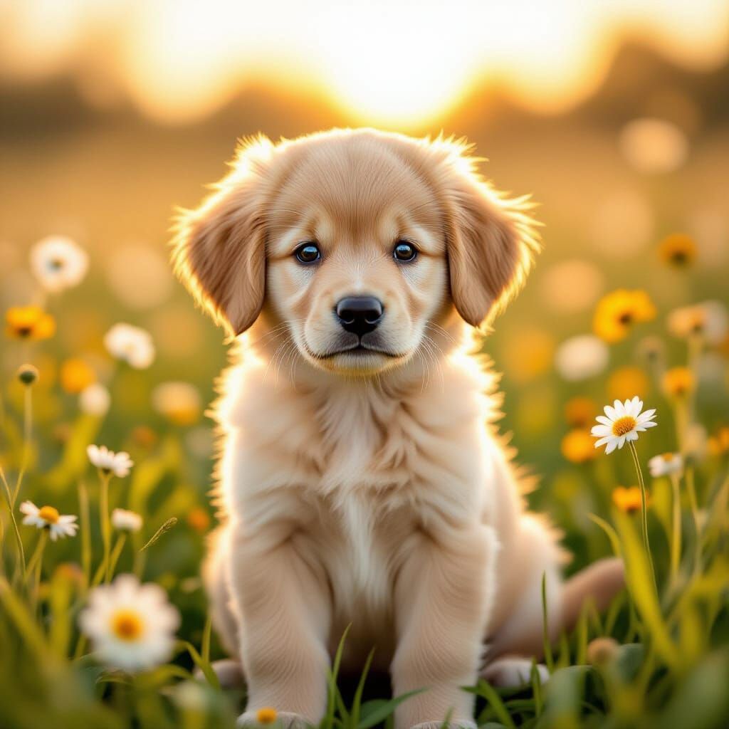 Fluffy Golden Retriever Puppy in Sunlit Meadow