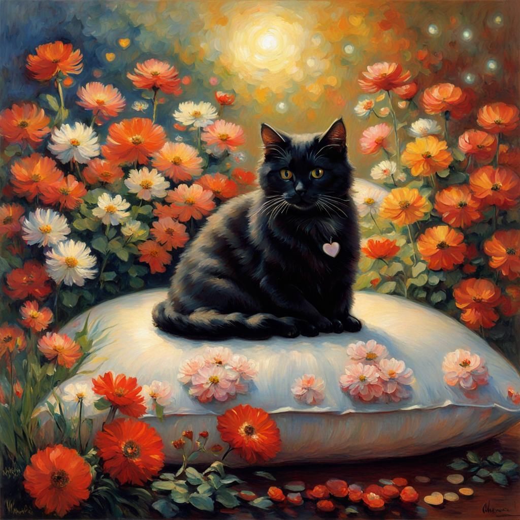 Cat with Flowers in Impressionist Style