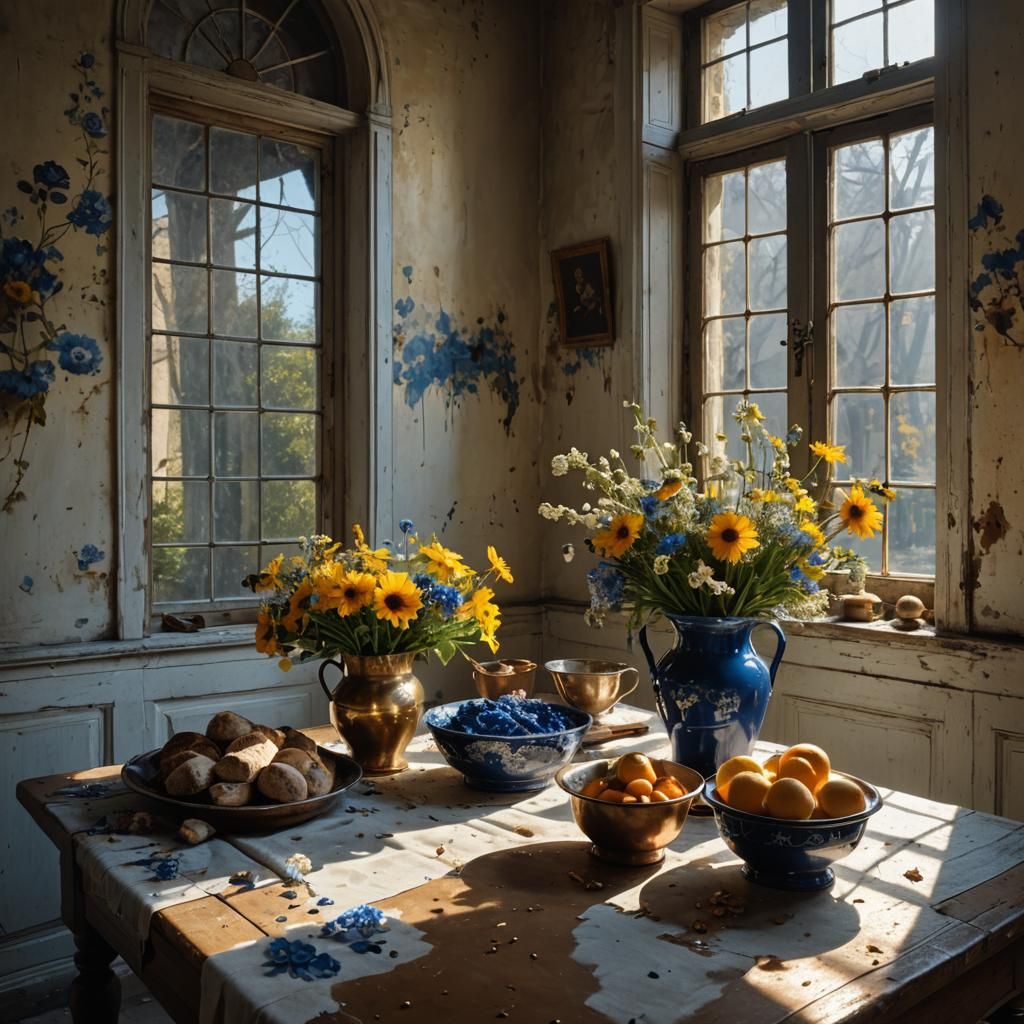 Hyperrealist Flowers on Butcher Table, Pollock-Vermeer Style