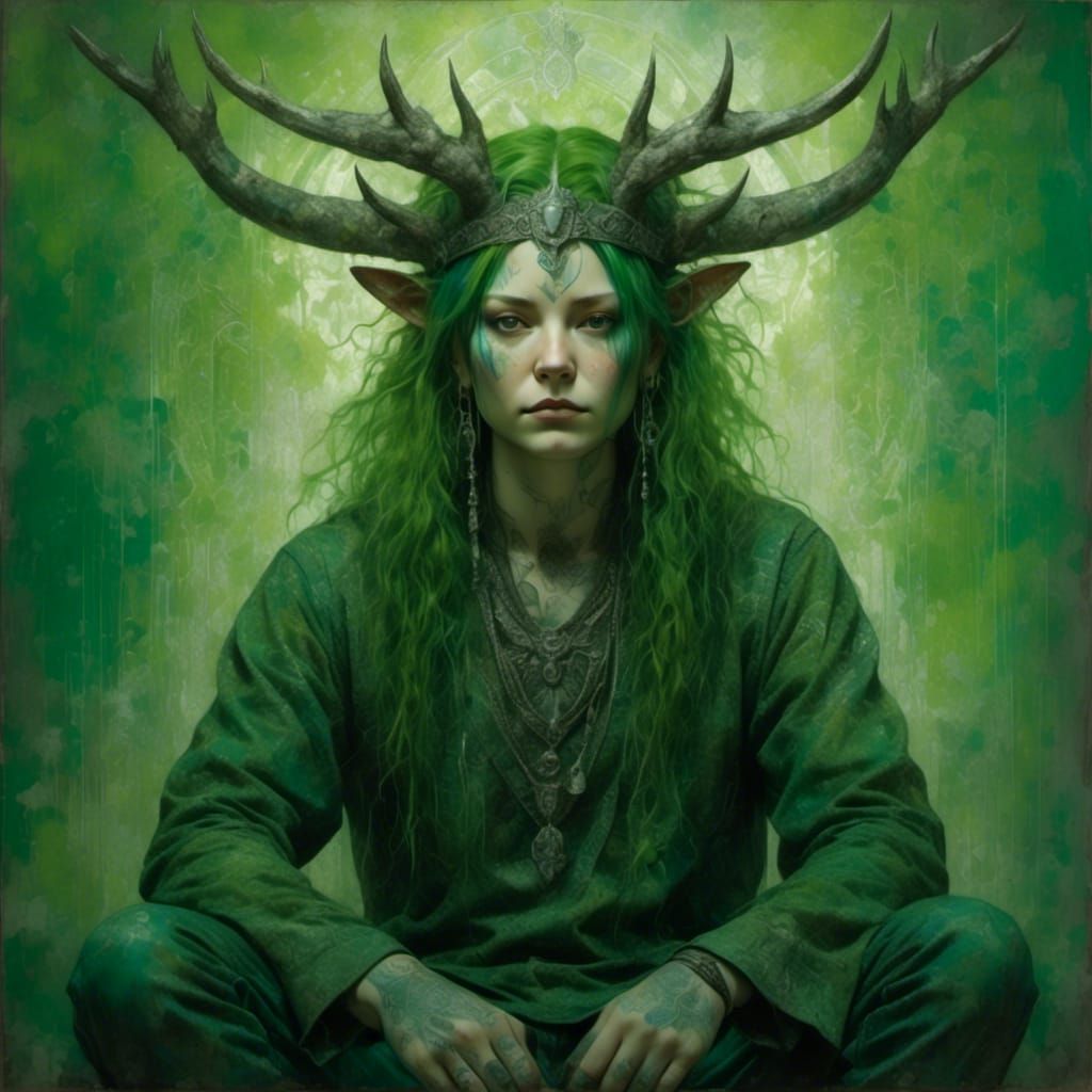 Green Forest God with Fractal Background in Watercolor