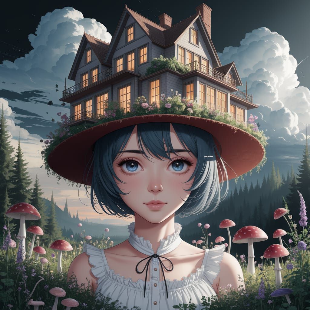 Anime Woman with House Hat Under Cloudy Sky
