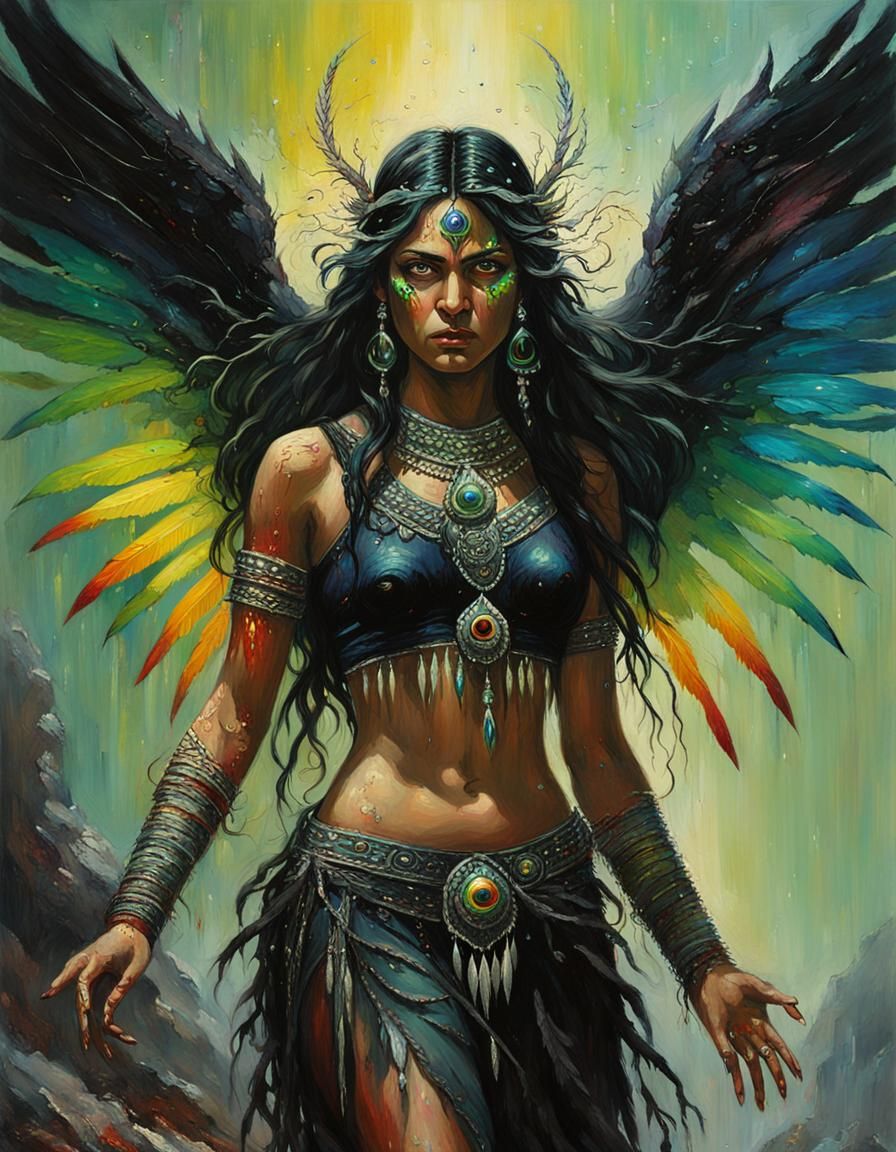 Fantasy Beauty with Rainbow Wings in Oil Painting