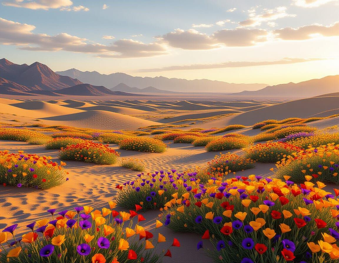 Vast Desert Blooms in Golden Hour Photograph