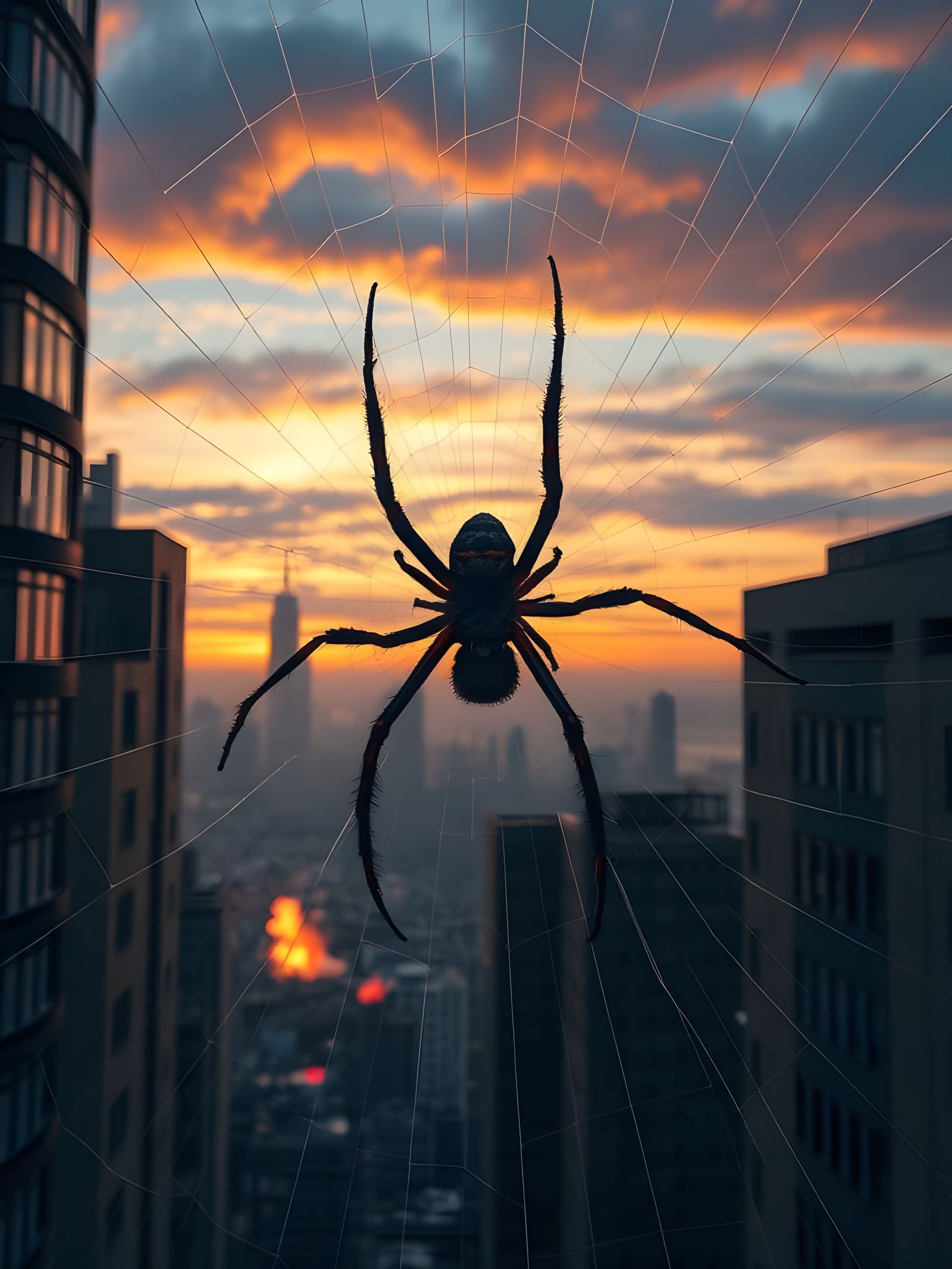 Giant Spider Weaving Webs in Sunset City