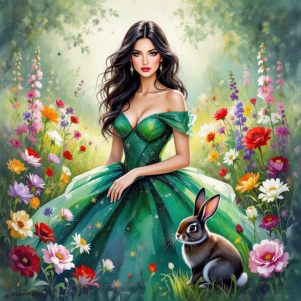 Woman in Green Gown with Rabbit in Fantasy Garden