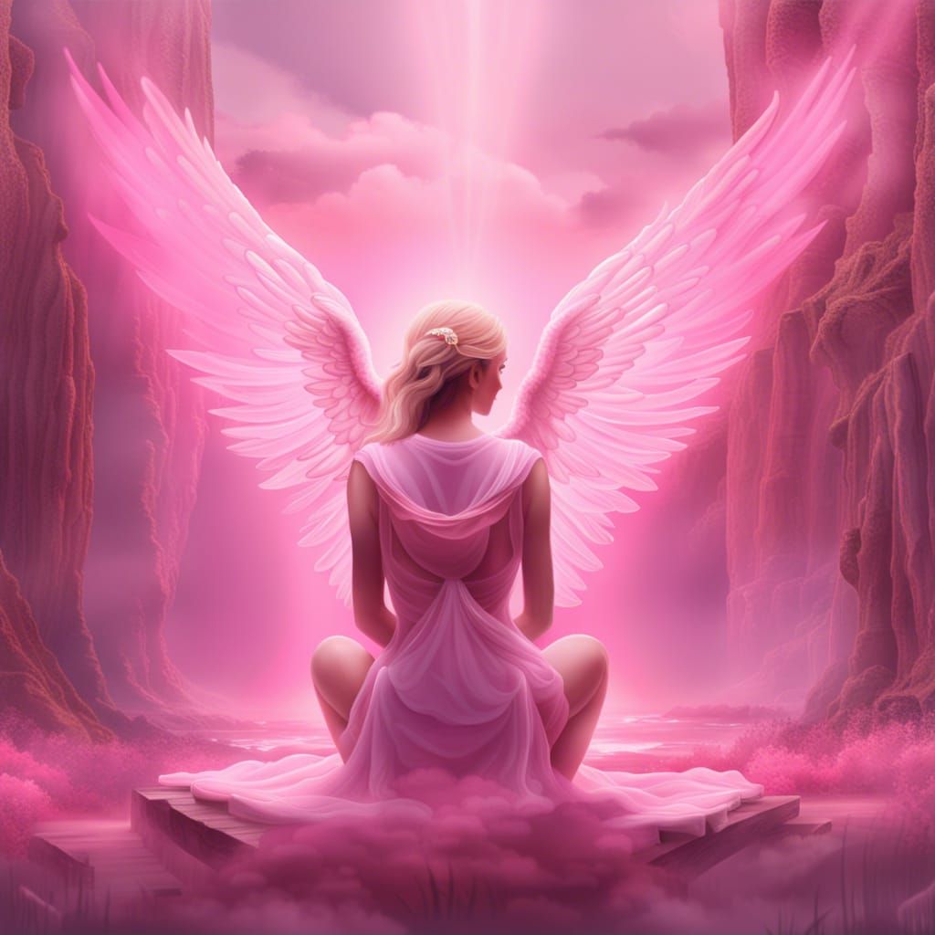 Guardian Angel Embraces Heart in Pink Light