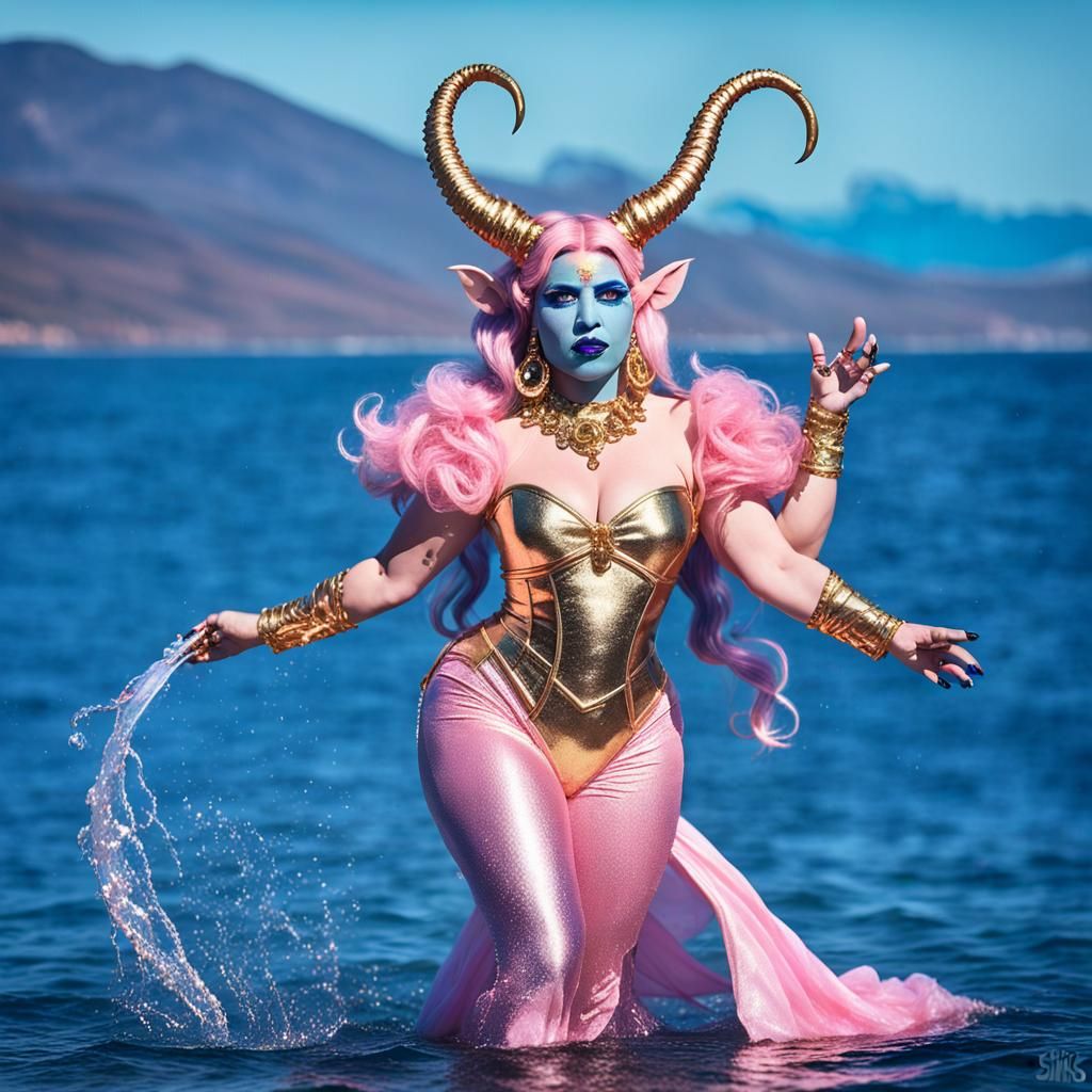 Glamorous Tiefling Sorceress Walking on Water