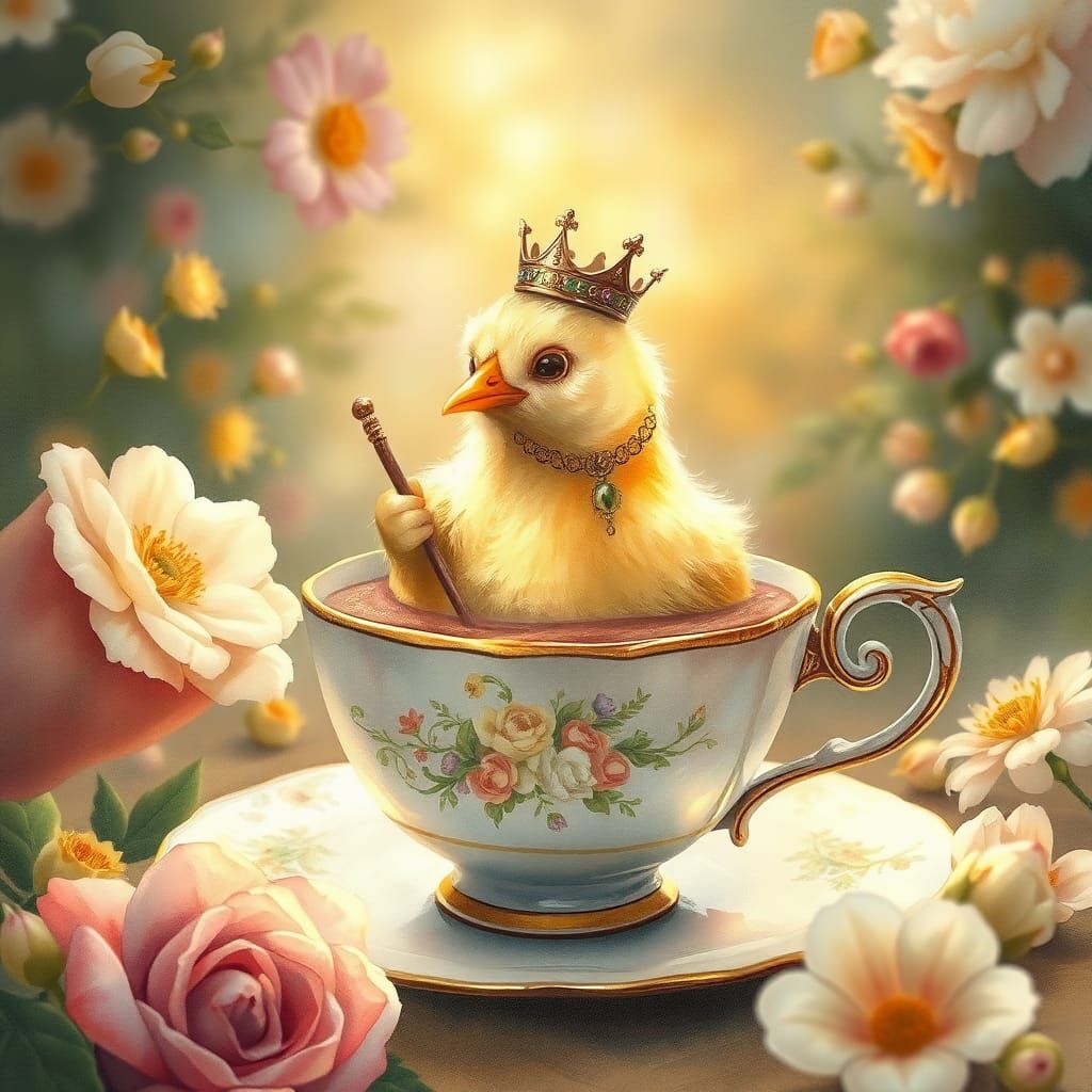 Chicken King in Teacup: Whimsical Fairytale Illustration
