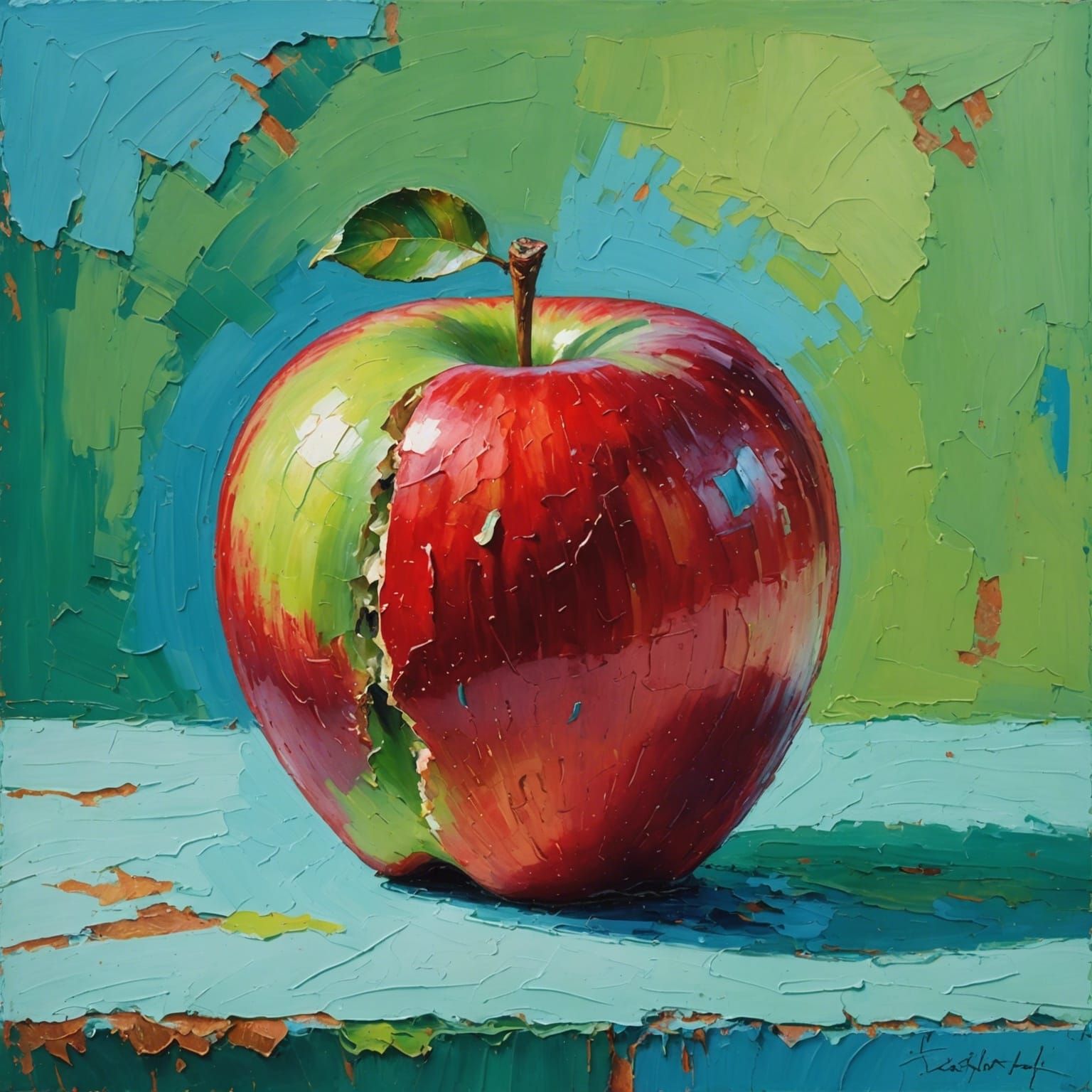 Enormous Red Apple Bite: Neo-Impressionist Oil Painting