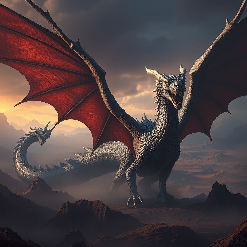 Majestic Dragon in Atmospheric Fantasy Landscape