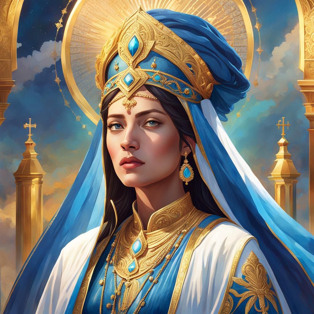 Priestess in Regal Blue Robes: Hyperrealistic Concept Art