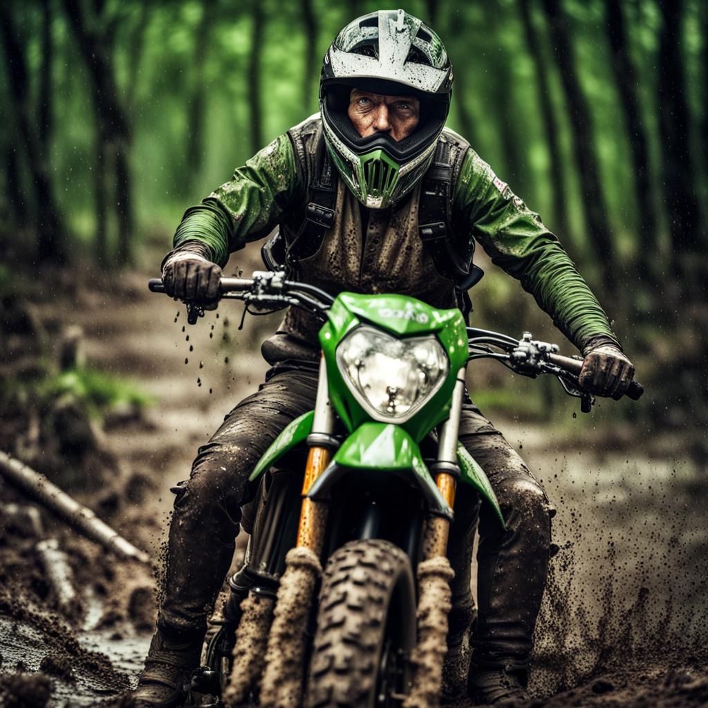 Muddy Motocross Biker in Rainy Forest, Hyperrealistic