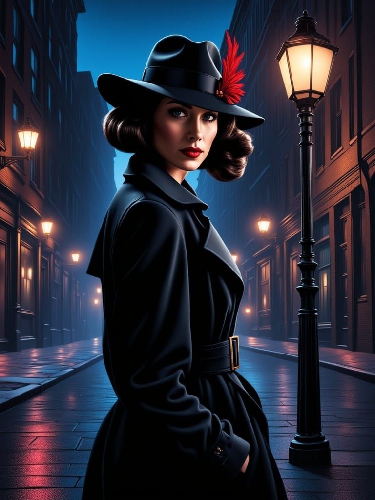 Film Noir Femme Fatale in Rainy City Street