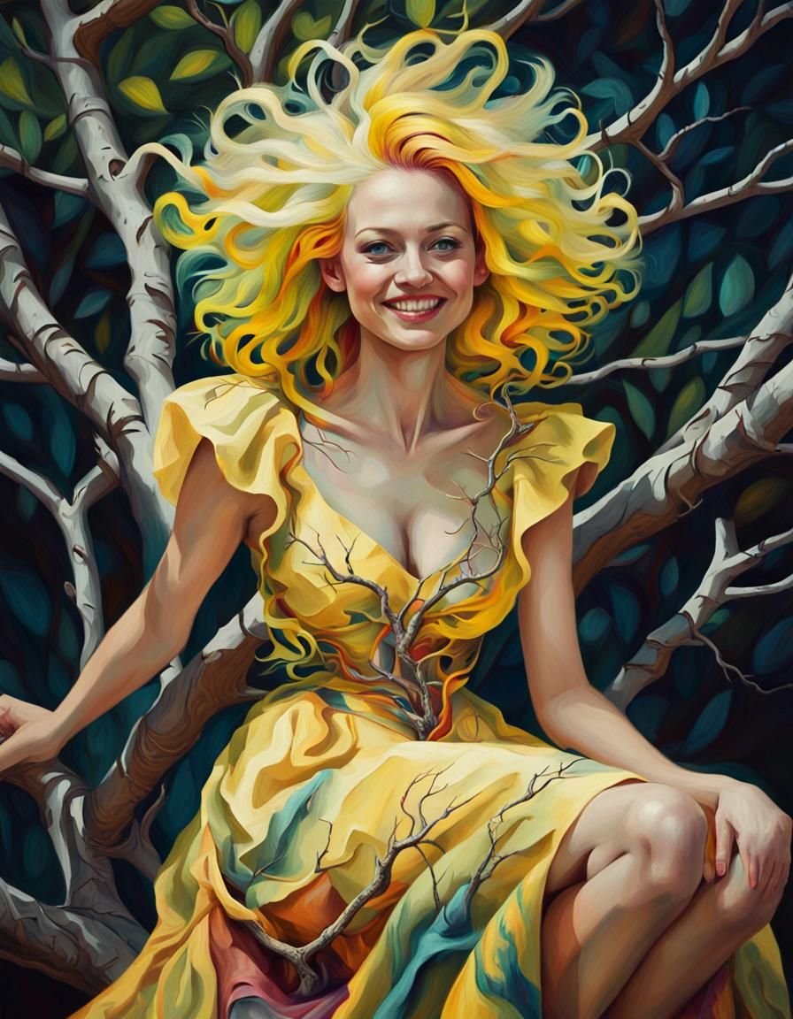Electric Yellow Hair on a Tree Branch in Vibrant Surreal Sty...