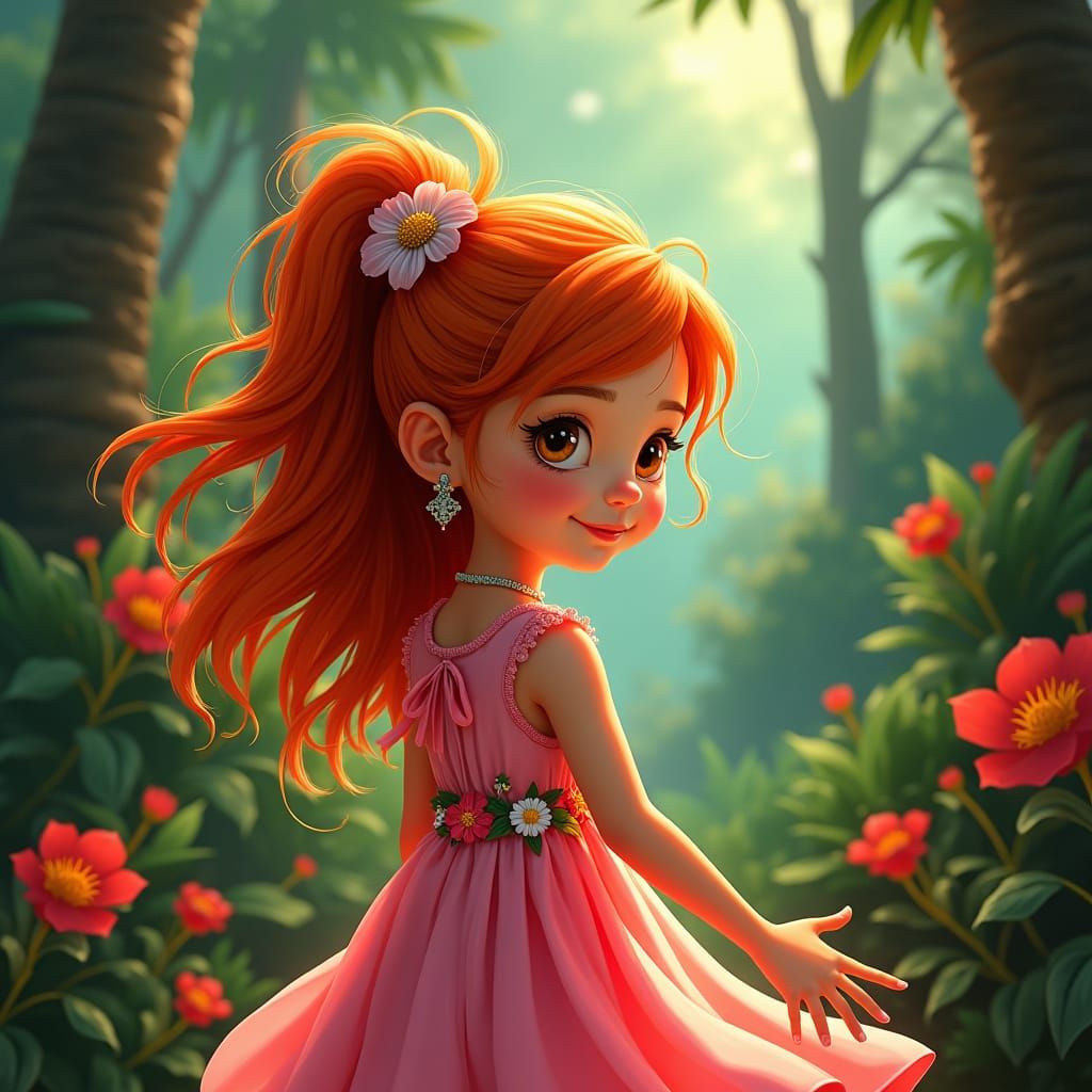 Red-Haired Girl in Jungle, Digital Matte Painting