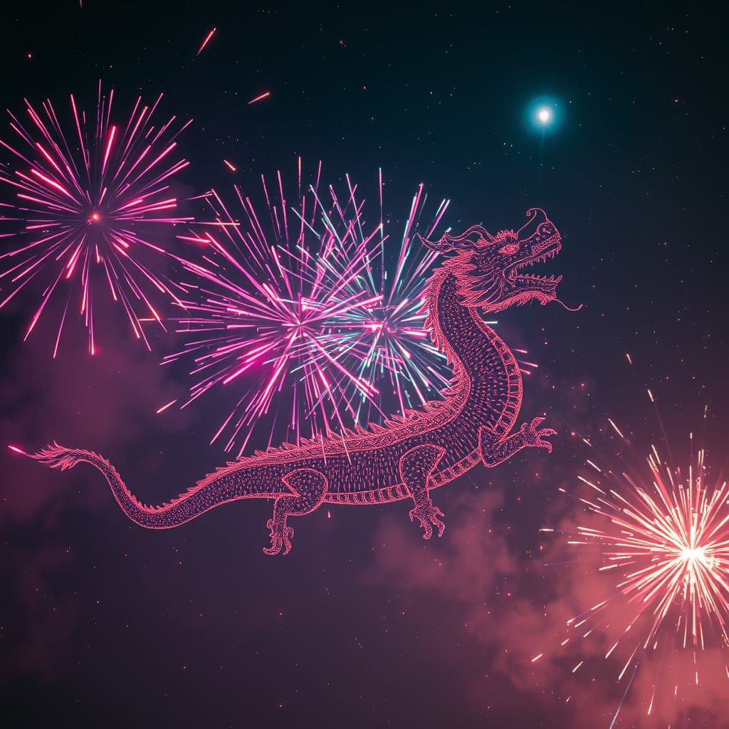 Fireworks Display in a Dragon Silhouette