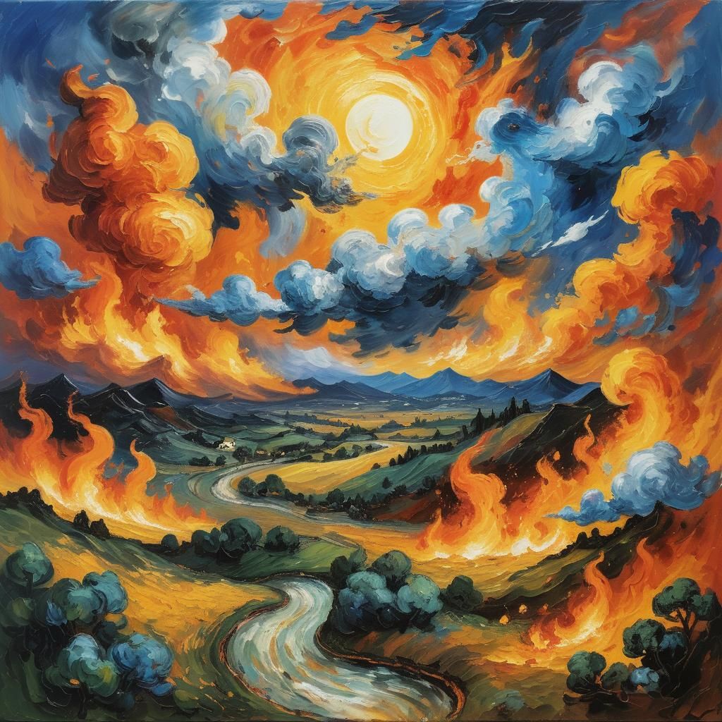 Fiery Earth: Neo-Impressionist Oil Painting in Space