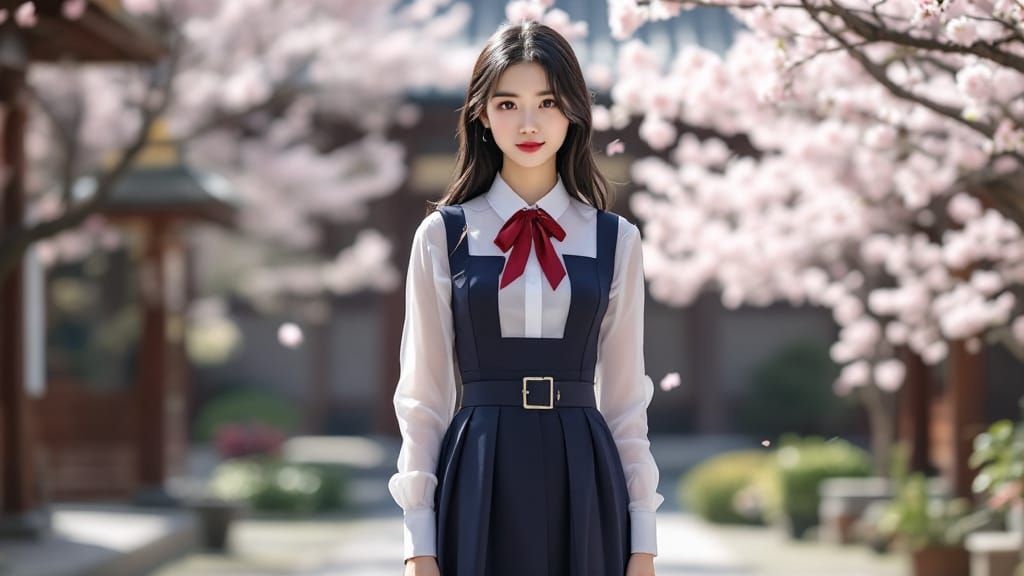Japanese Schoolgirl in Spring Courtyard, Audrey Hepburn Styl...