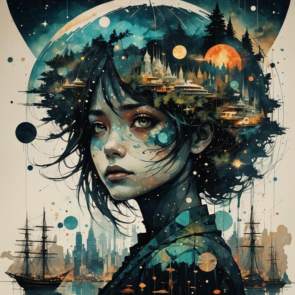 Galaxy Meets Starry World in Double Exposure Art