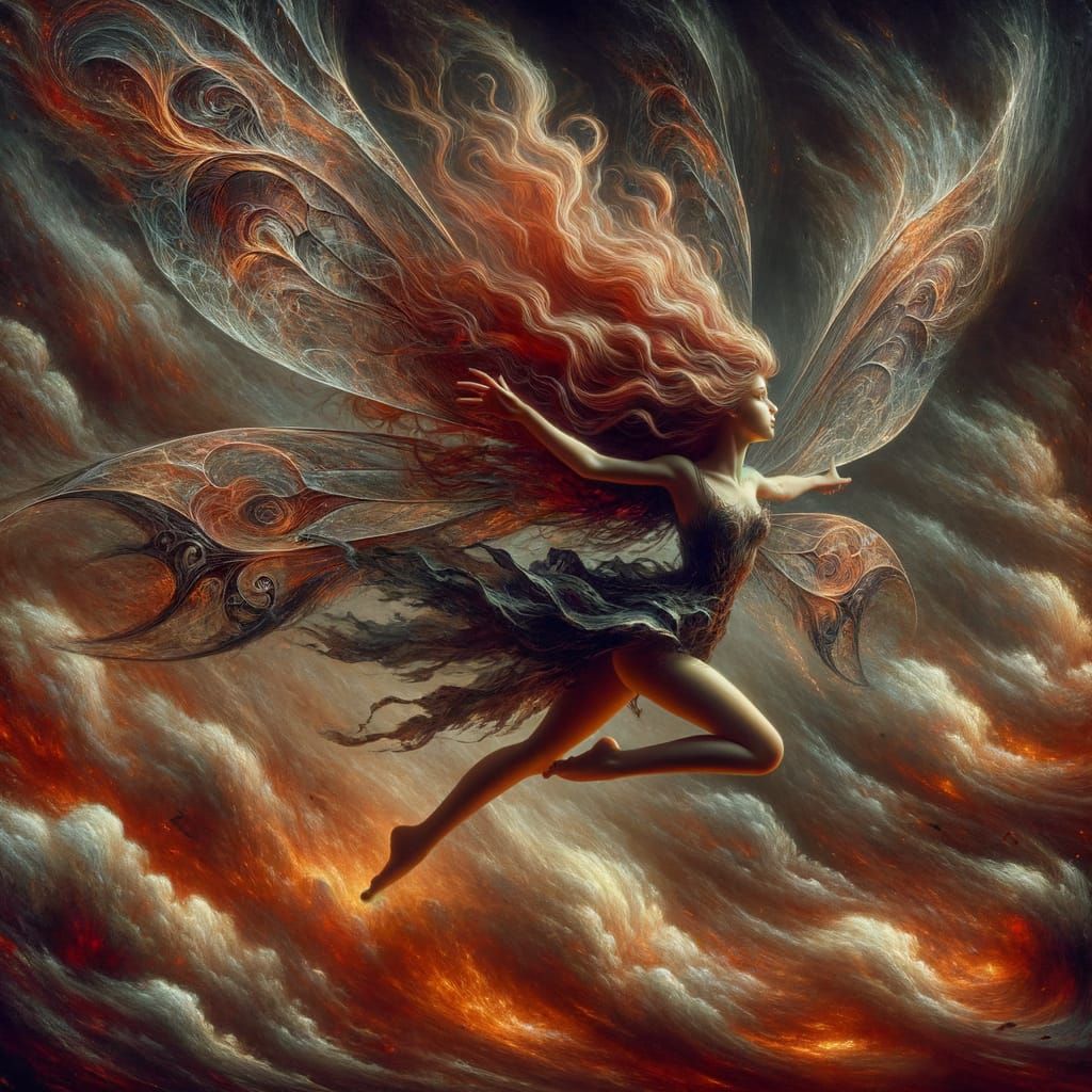 Fairy Leaping in Fiery Tempest, Romantic Digital Matte Paint...