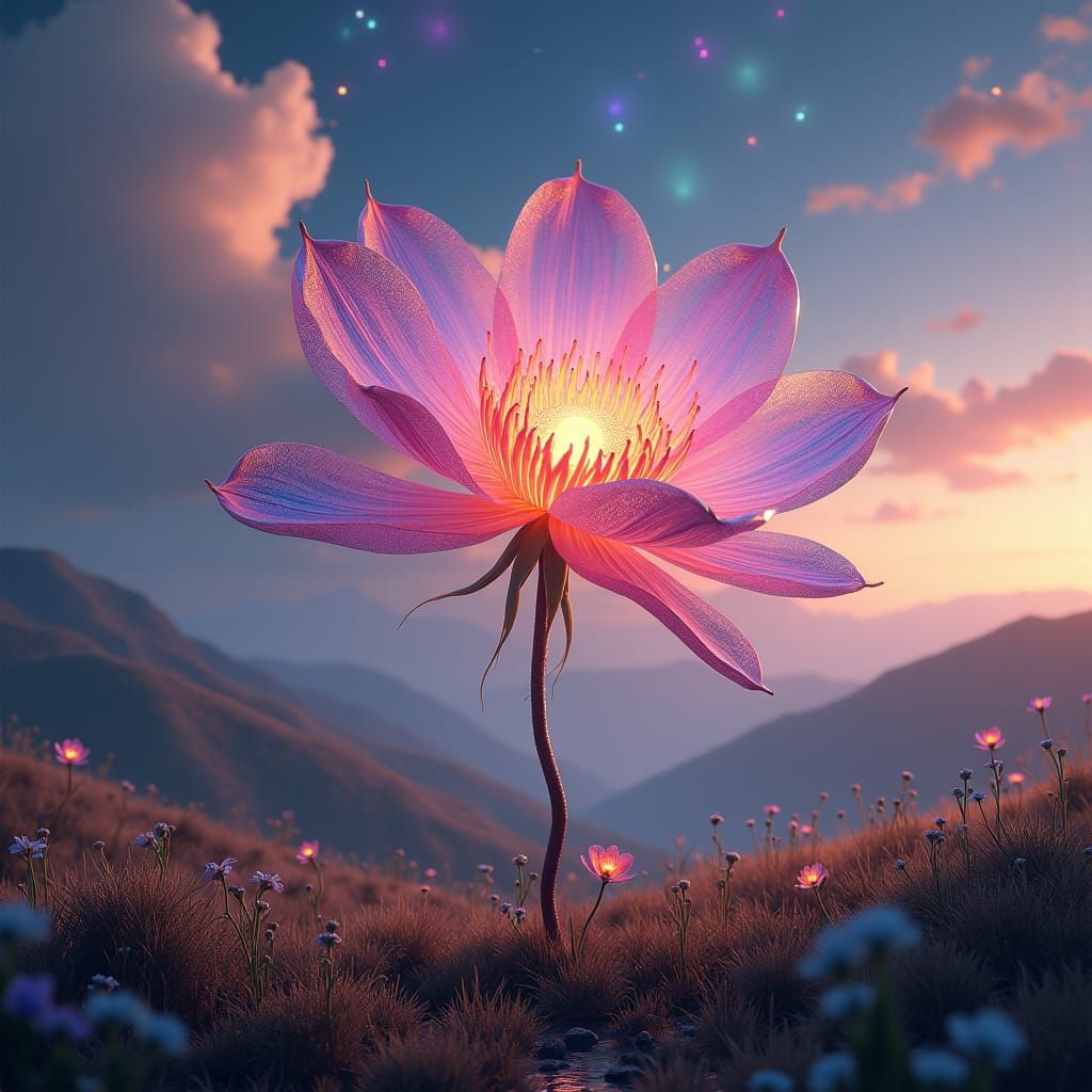 Galactic Flower Blooms in Dreamlike Landscape