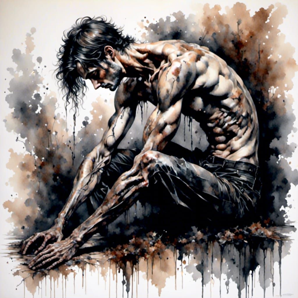 Macabre Man with Distorted Arm in Watercolor