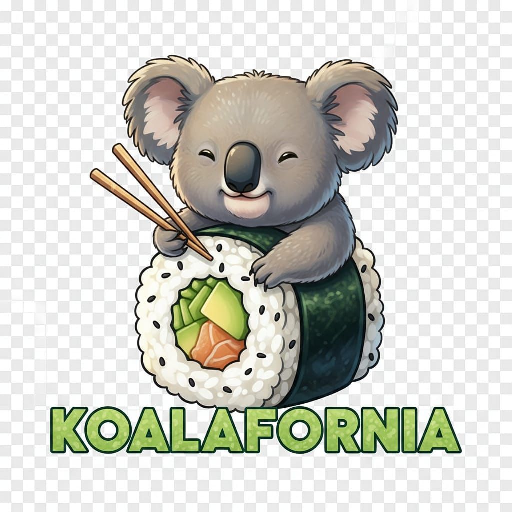 Koala in Sushi Roll Whimsical Illustration