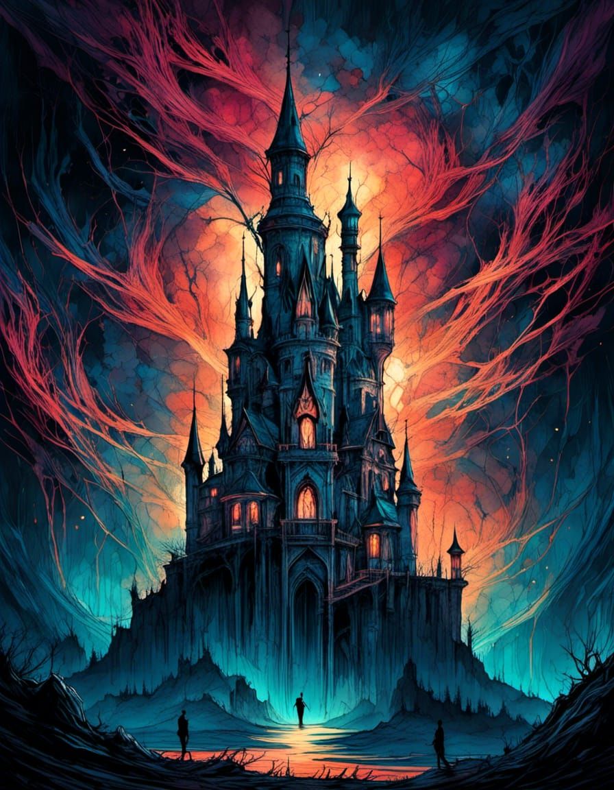 Psychedelic Castle Poster Art in Neon Light