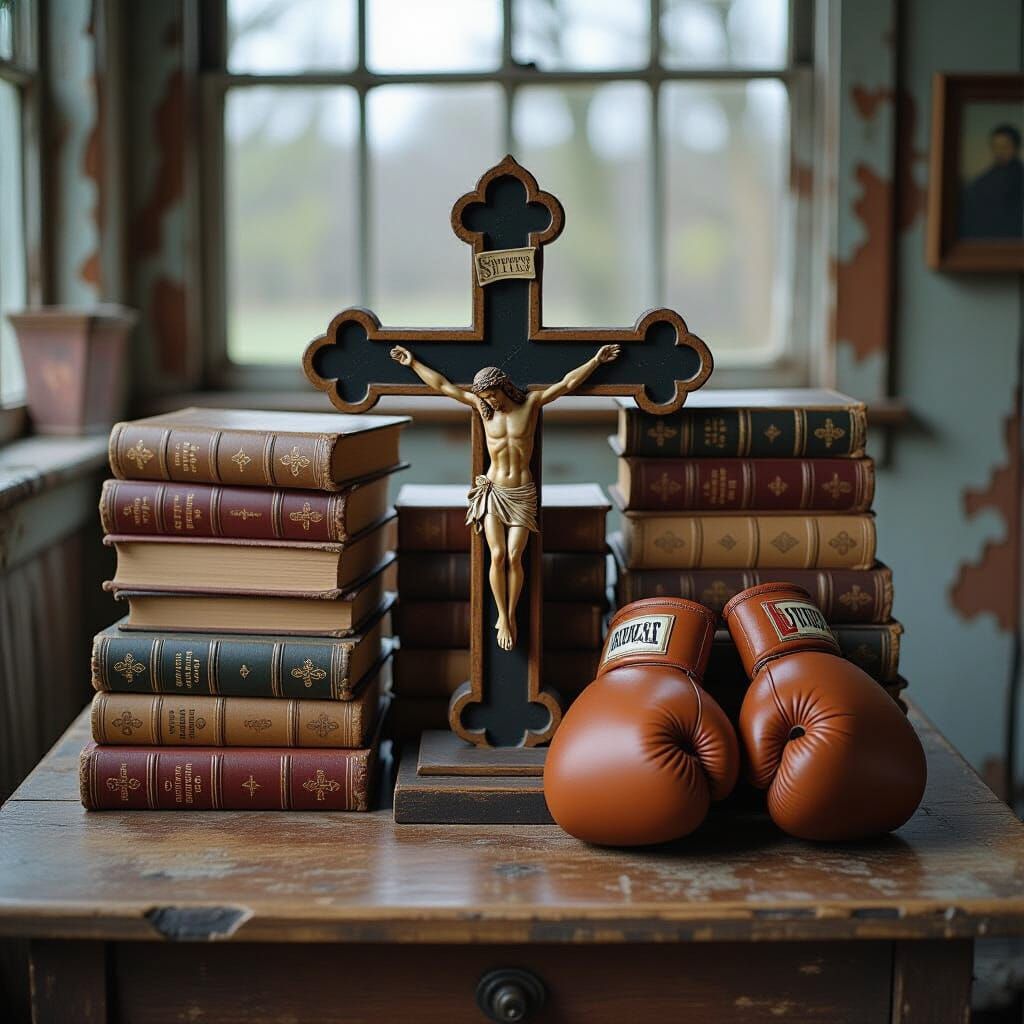 Orthodox Cross with Books and Boxing Gloves