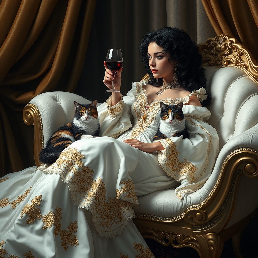 Victorian Woman with Cats in Gothic Setting