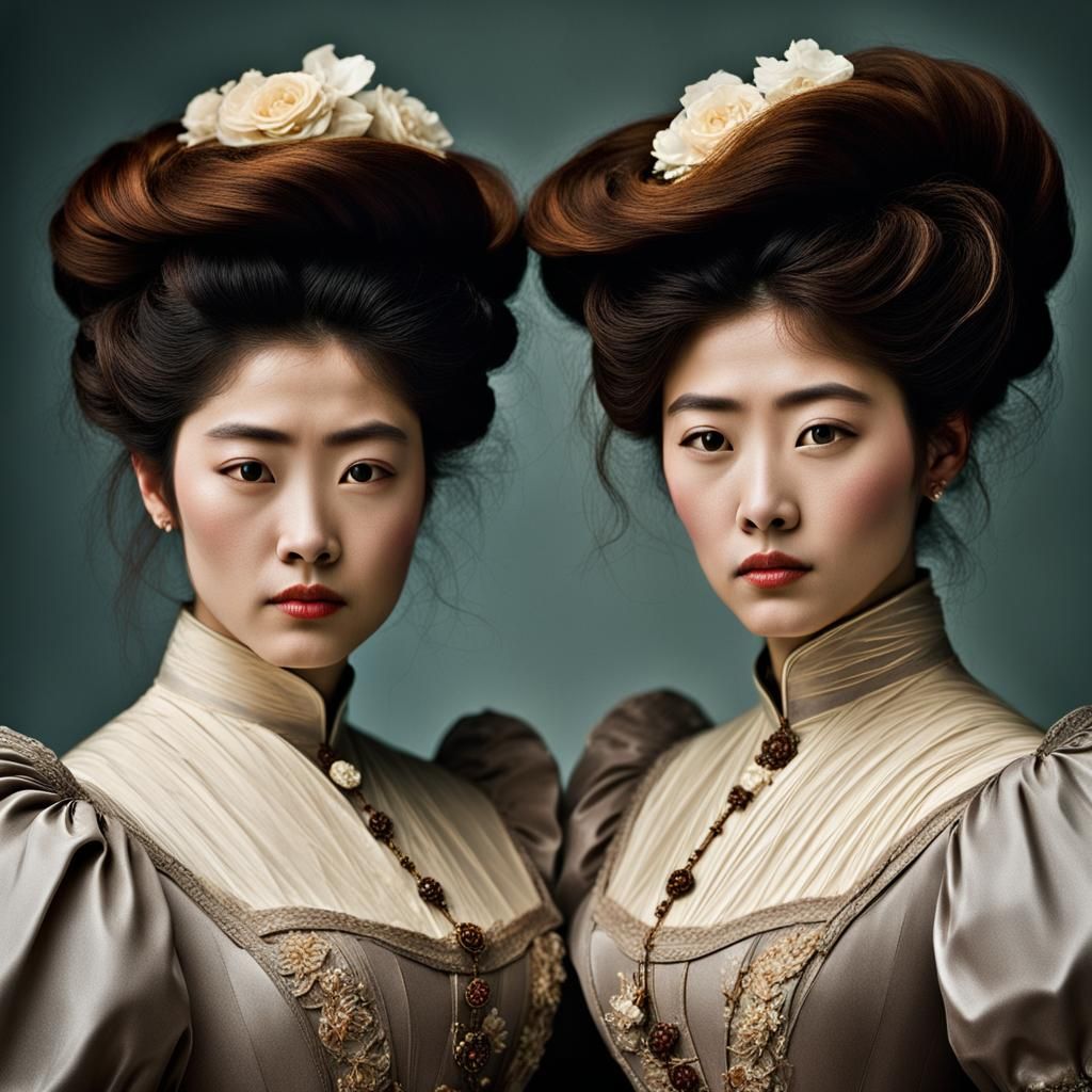 Gibson Girl Style Portrait of Japanese Sisters