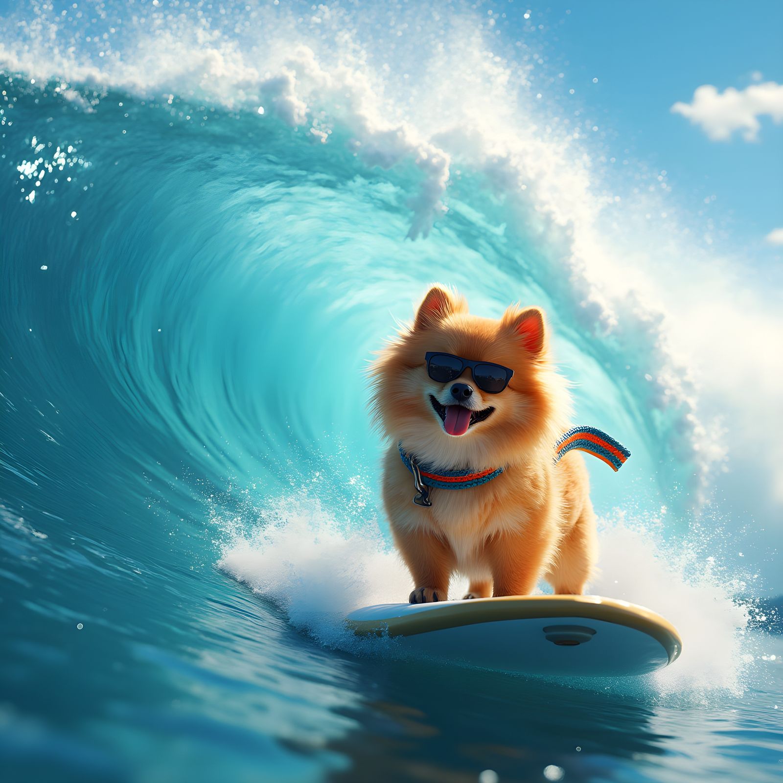 Pomeranian Dog Surfing a Large Ocean Wave