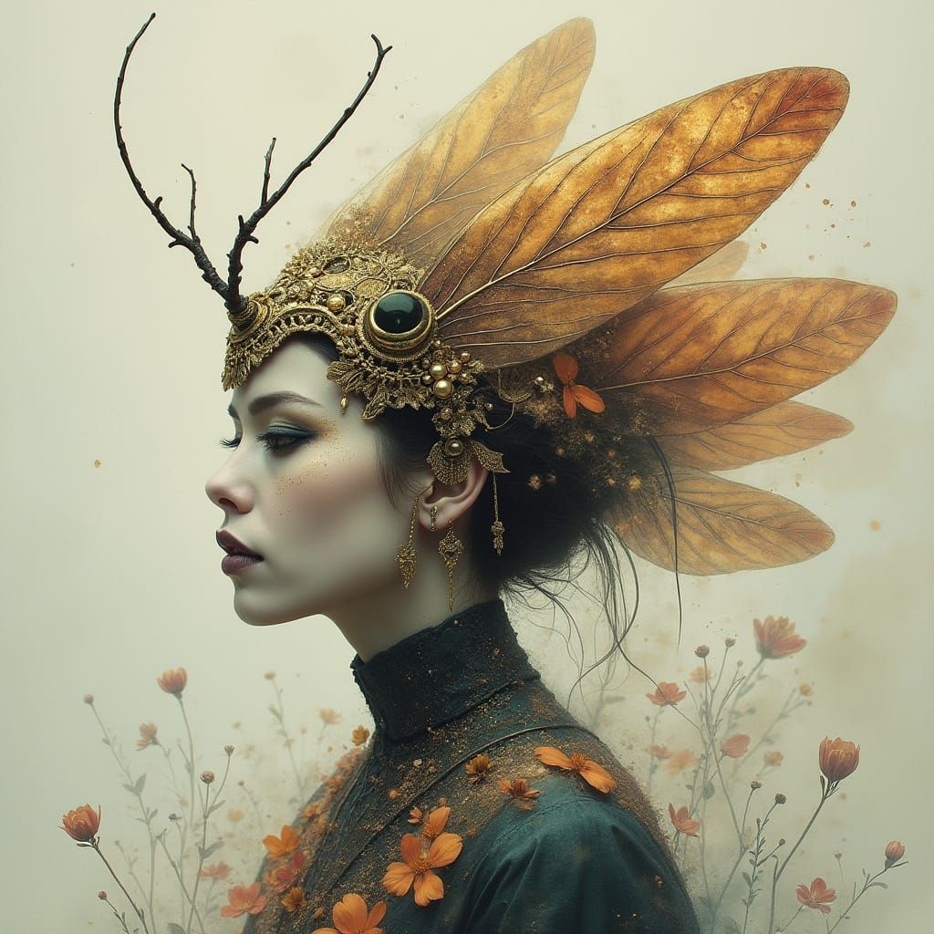 Insect Queen with Gold Filigree in Watercolor Style