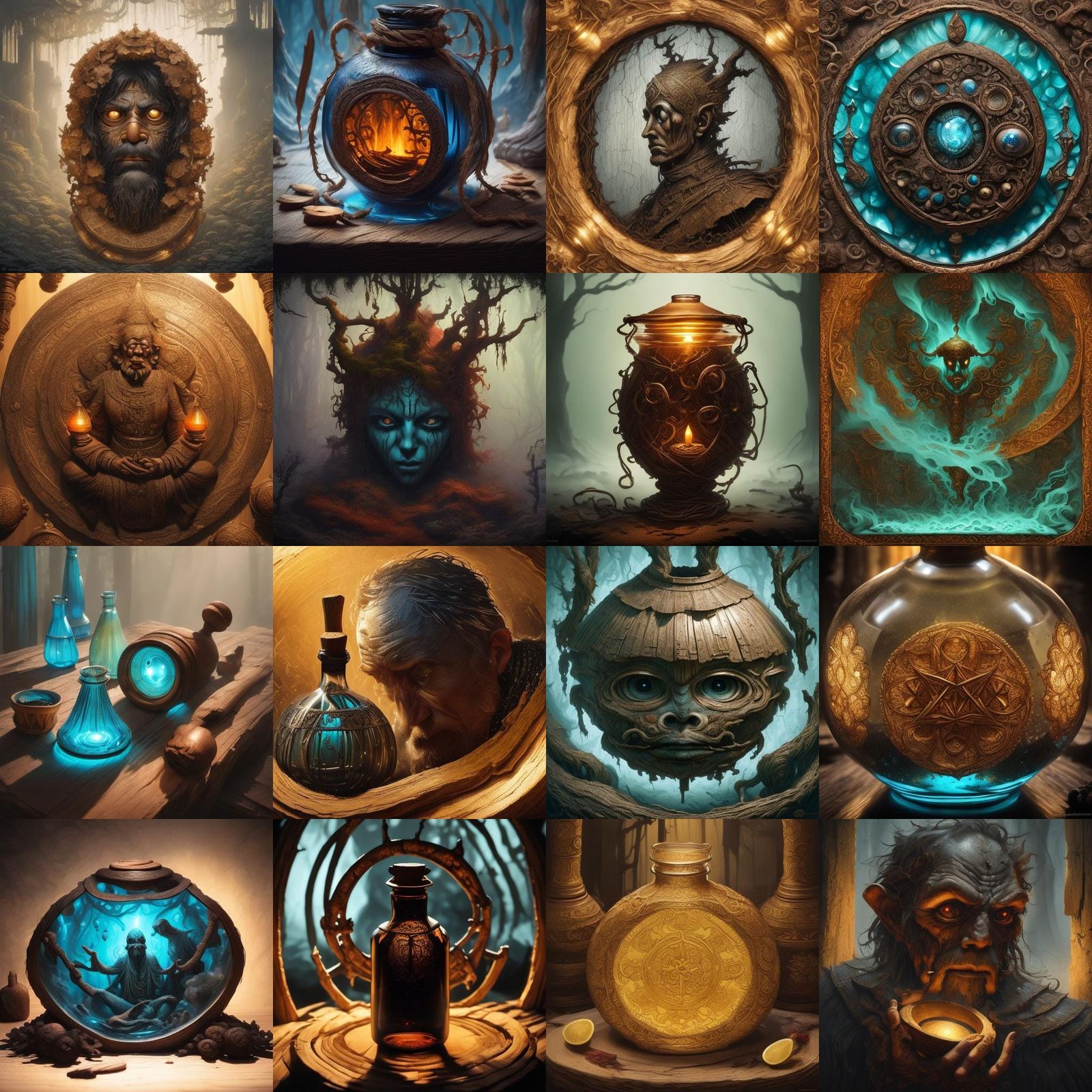 Wooden Homunculus in Glass Bottle: Dark Fantasy Art