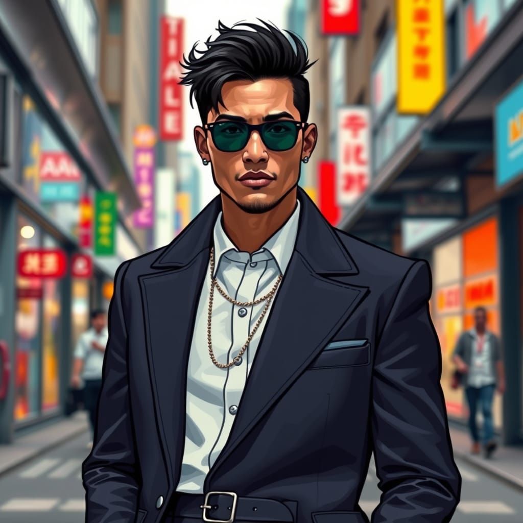 Confident Man in Vibrant City Street, Geometric Art