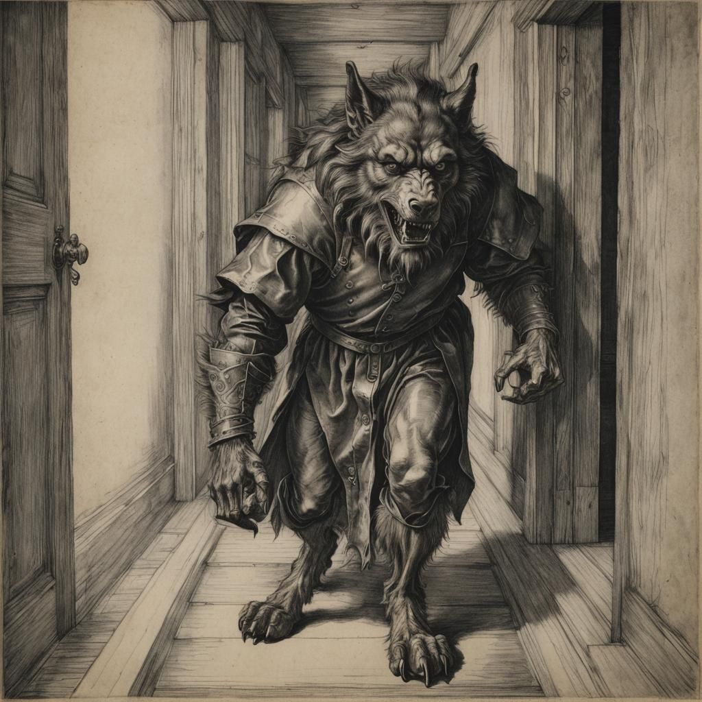 Werewolf in Hallway: Hyperdetailed Charcoal Drawing