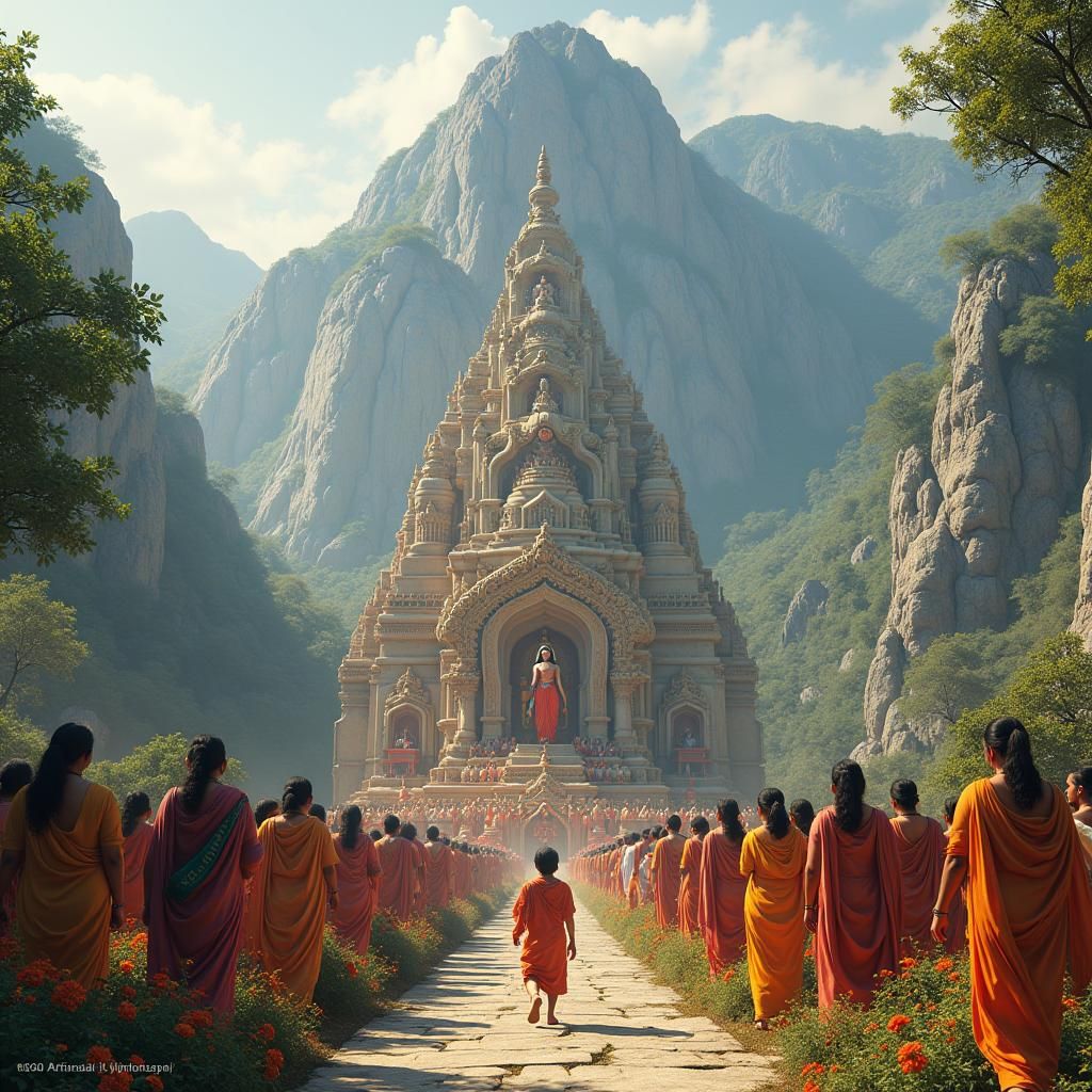 Devotees Worshiping Maa Sheravali: A Detailed Matte Painting