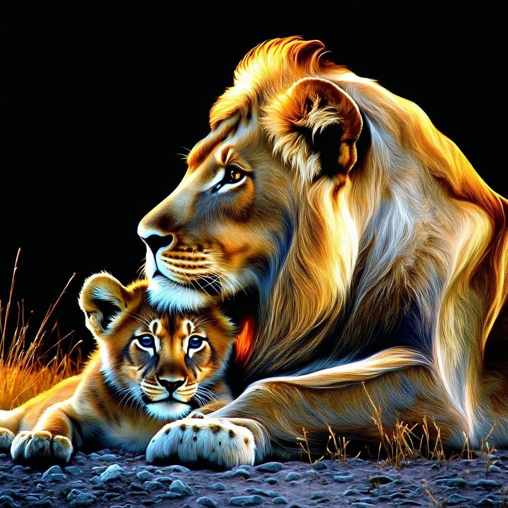 Lion Mother Cuddles Her Cub Under Starry Night