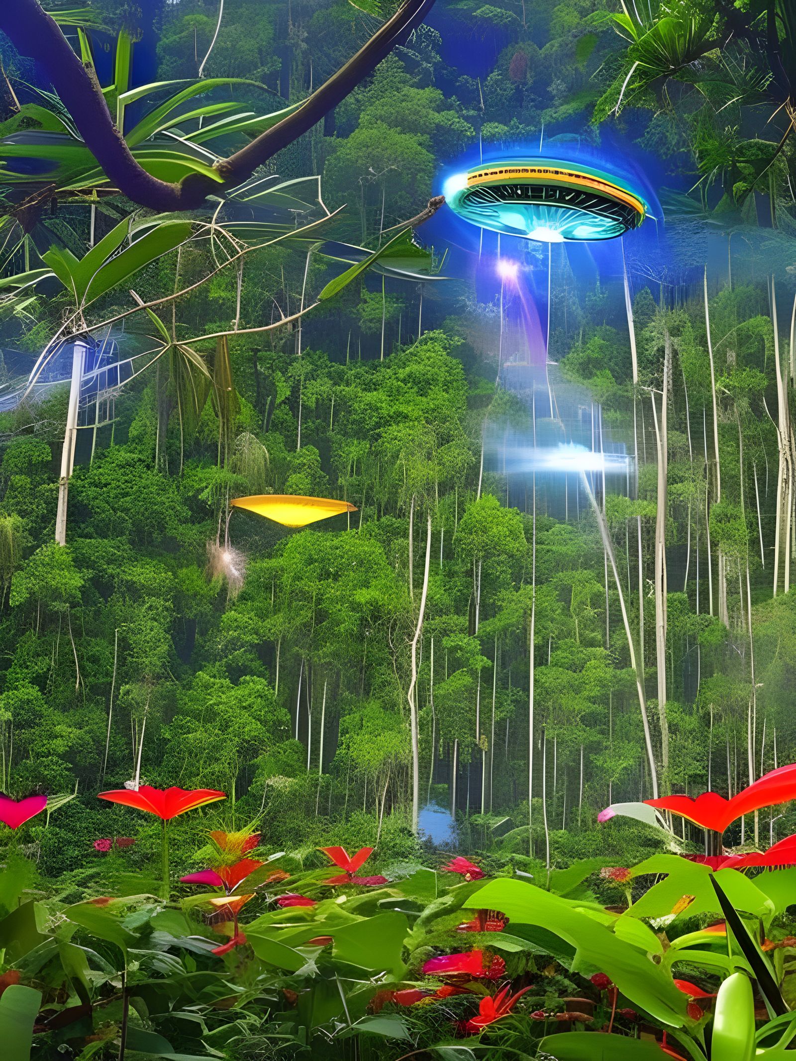 Flying Saucer in Jungle with Alien Lights