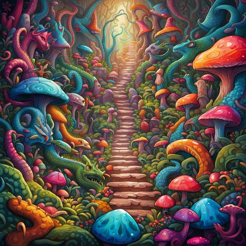 Fantasy Forest Maze with Dragons, Fairies: Graffiti Art