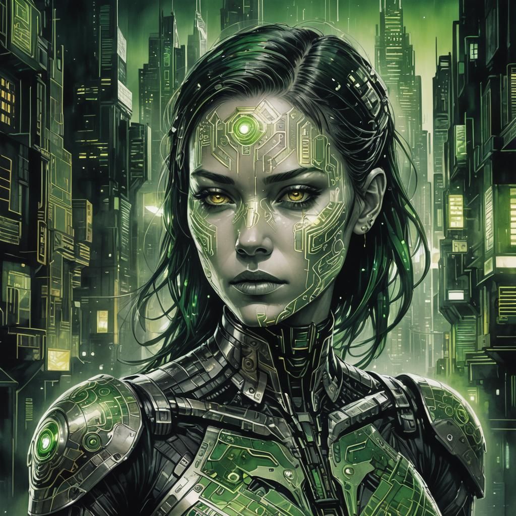 Cyborg Woman in Cyberpunk Ink Wash Painting